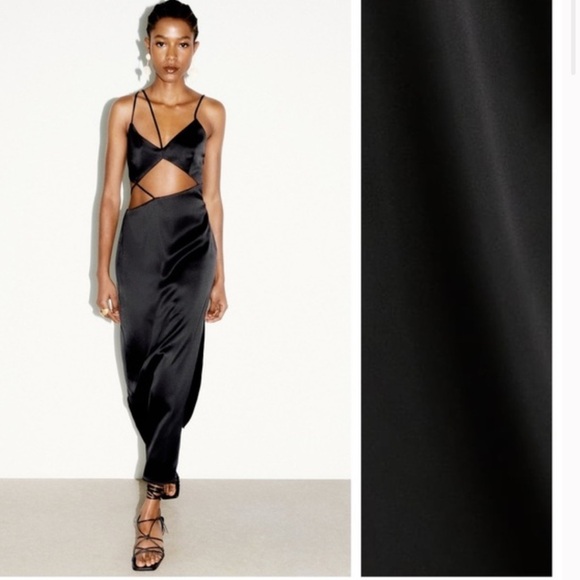 Zara Black Satin Effect Asymmetric Cut-Out Midi Dress. - Picture 1 of 3